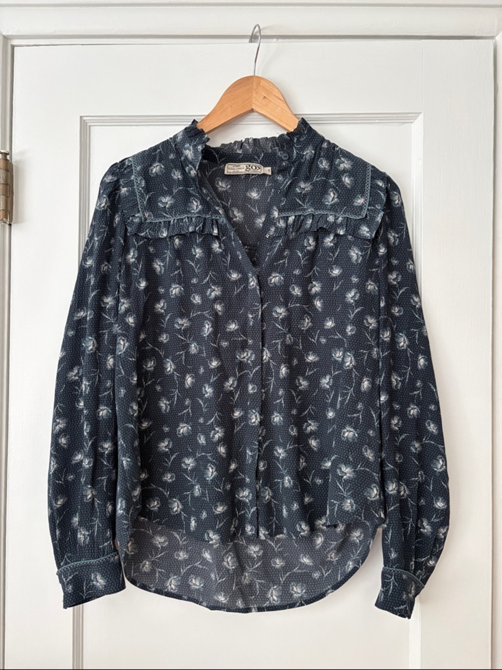 Go> by GoSilk washable silk floral ruffle blouse, blue, XS